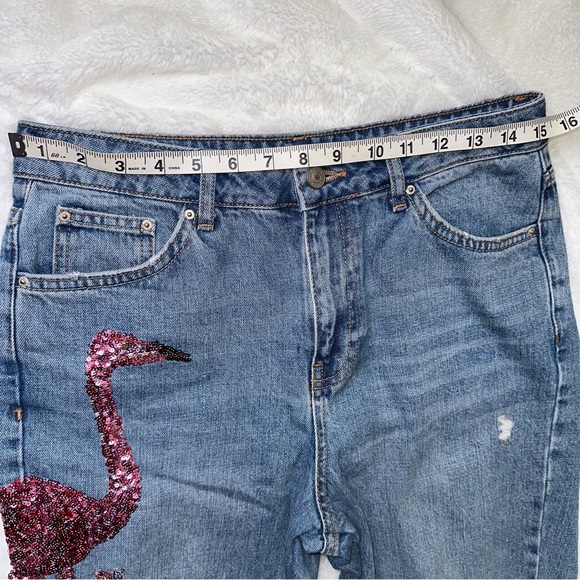 Topshop Flamingo Sequin Moto Mom Jeans Size 30 High Waisted Denim Fun Palm Tree - Picture 11 of 13